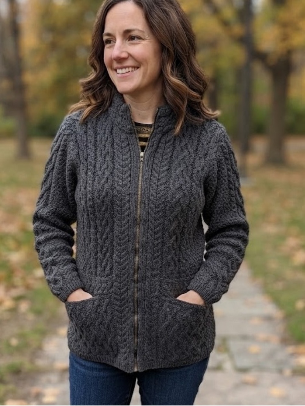 Inis Crafts 100% Merino Wool Zip-Front Cable Knit Sweater Jacket - #